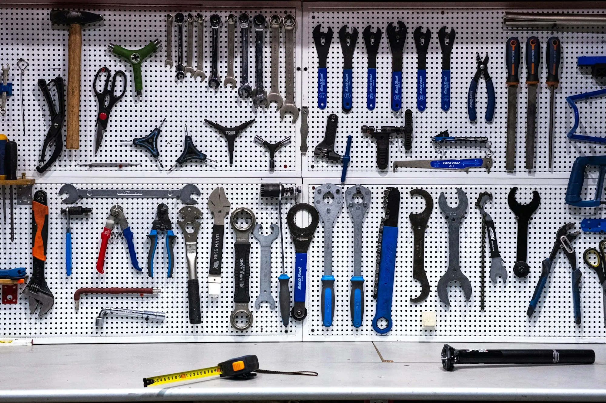 Pegboard wall of neatly hung hand tools